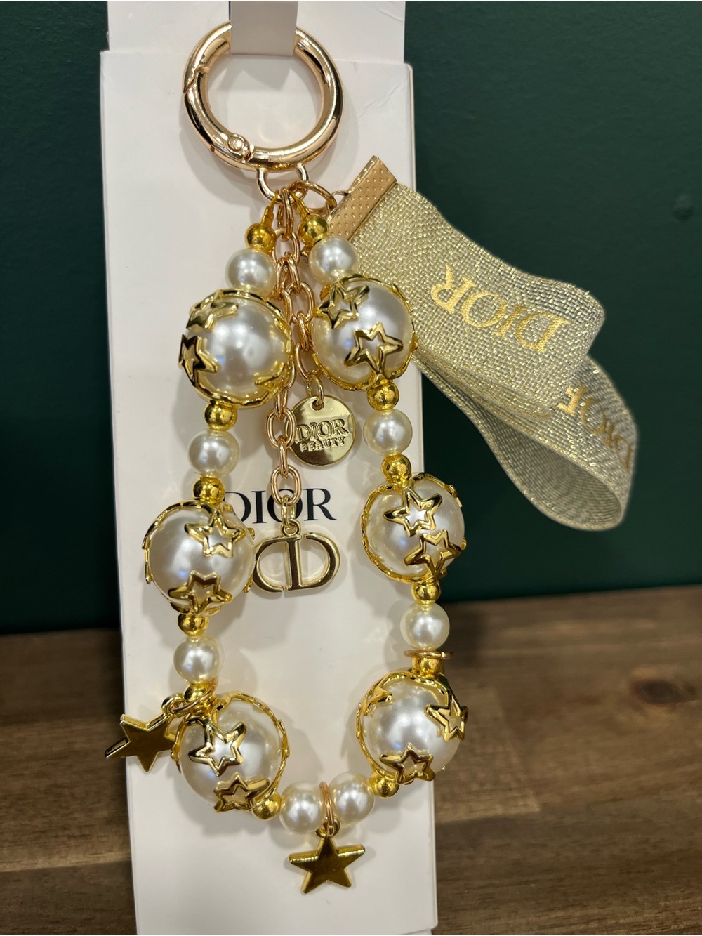 Dior Gold & Pearl Star Charm Bracelet Keyring with Logo Ribbon